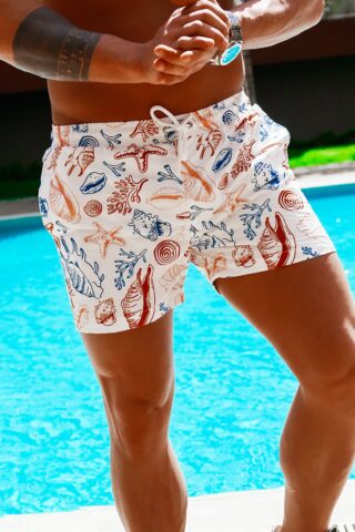 Beyaz Hızlı Kuruyan İçi Fileli Erkek Deniz Şortu Mayo